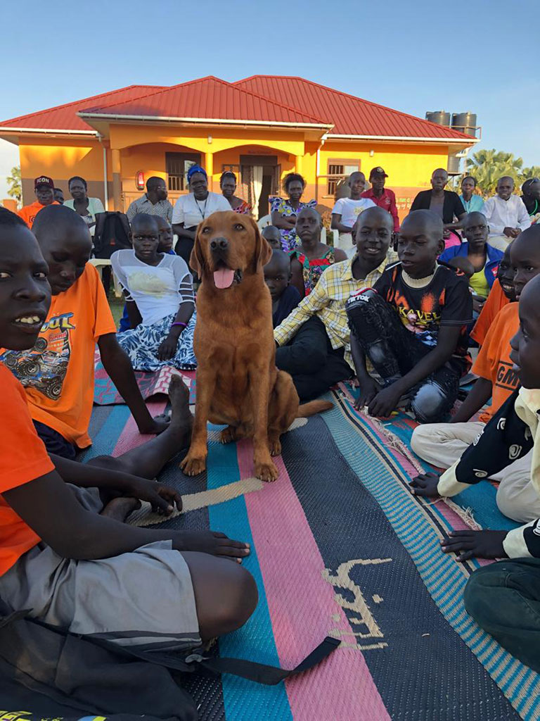 Roter Hund sitzt fröhlich inmitten einer Gruppe von Menschen vor einem orangefarbenen Gebäude.