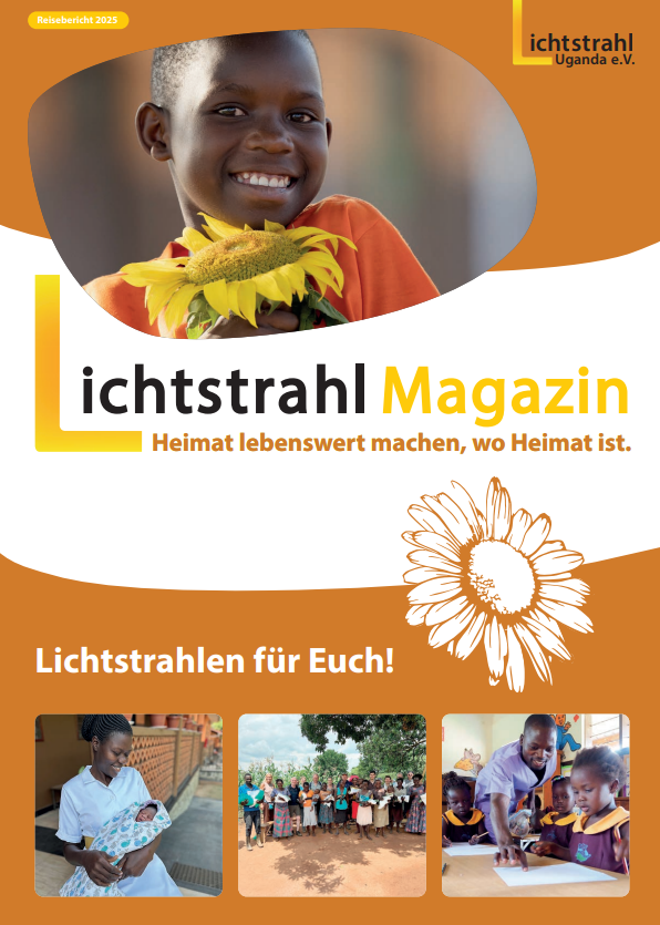 Ein lachendes Kind mit Sonnenblume im Arm in farbenfroher Umgebung