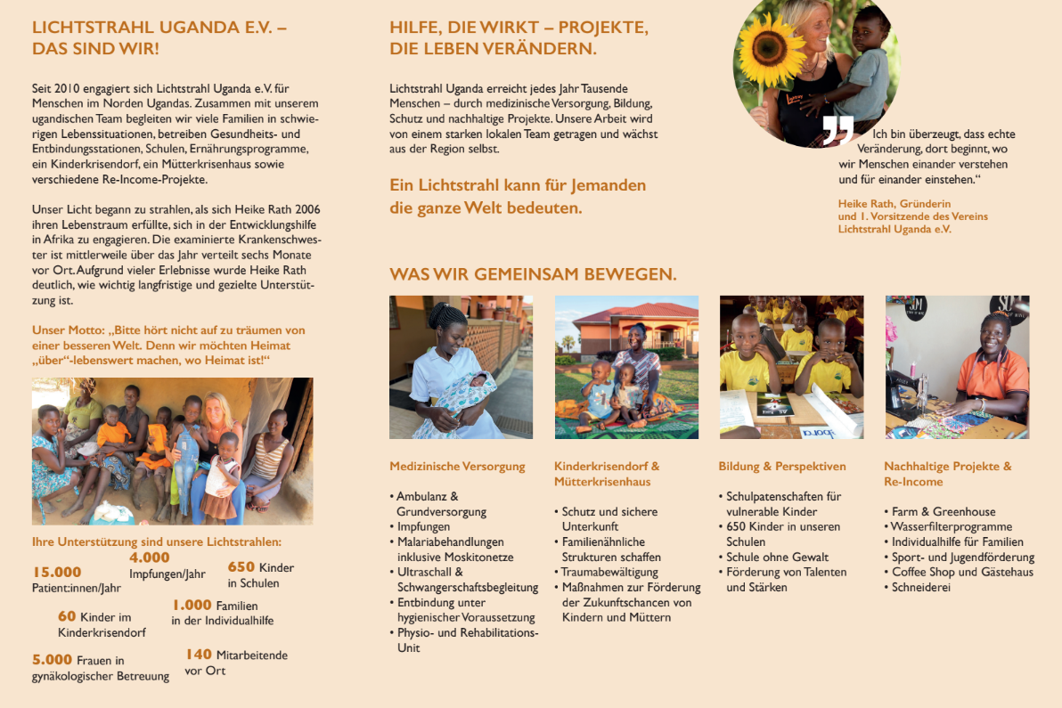 Flyer mit lachenden Kindern und Helfern in Rot Orange und Weiß mit Sonnenblume